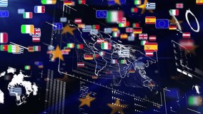 Animated wireframe world map floating on dark navy UI showing network lines connecting flag icons. Global connectivity, data visualization, network analysis, digital interface, technology, - Powered by Shutterstock - Get 15% off with code: PIKWIZARD15