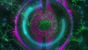 Flat design showing green globe being surrounded by magenta waveform ring and neon network nodes. Futuristic, technology, interface, digital, network, data, innovation - Powered by Shutterstock - Get 15% off with code: PIKWIZARD15