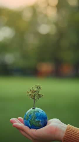 World environment day, B roll - hands of woman holding globe with tree on green tree bokeh background, ecology concept, earth day, Better Environment