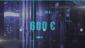 Bar chart columns displaying currency value labels in data center, overlaying white red line graphs. Analytics, finance, technology, digital, futuristic, cybersecurity, network - Powered by Shutterstock - Get 15% off with code: PIKWIZARD15