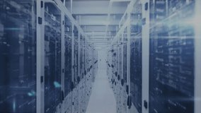 3D render server rack aisle glowing in cool blue light, showing data charts and LED indicators. Technology, data, networking, analytics, digital, infrastructure, innovation - Powered by Shutterstock - Get 15% off with code: PIKWIZARD15