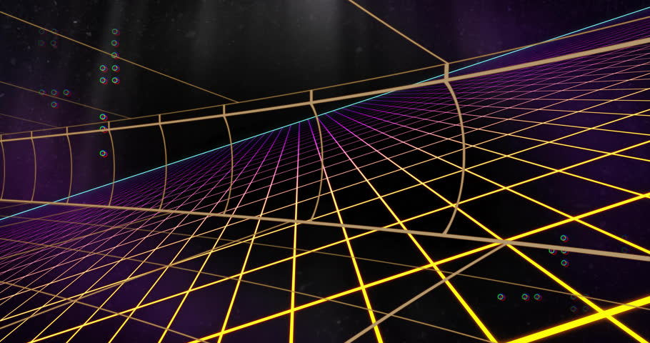 Retro-futuristic neon grid glowing and receding, featuring gold wire tube and glitch pixel circles. Cyberspace, sci-fi, futuristic, digital, abstract, vibrant, immersive