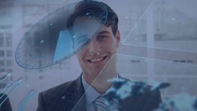 Businessman standing balcony-side, using holographic grid, HUD overlays boosting tech design. Futuristic, technology, interface, analytics, innovation, corporate, digital - Powered by Shutterstock - Get 15% off with code: PIKWIZARD15