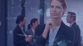 Business team collaborating at glass wall in workspace, showing animated pie charts code overlays. Finance, teamwork, innovation, modern, professional, digital, analytics - Powered by Shutterstock - Get 15% off with code: PIKWIZARD15