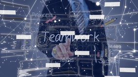 man presenting futuristic business interface, showing network nodes, progress arrow, strategy icons. Innovation, analytics, technology, professional, infographic, data visualization, digital - Powered by Shutterstock - Get 15% off with code: PIKWIZARD15