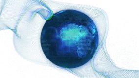 Blue digital globe rotating in 3D render over white background, showcasing flowing green mesh waves. Technology, digitalart, globalnetwork, futuristic, abstract, innovation, cyberspace - Powered by Shutterstock - Get 15% off with code: PIKWIZARD15