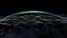Digital wave undulating above Earth horizon, showcasing night city lights and glowing atmosphere. Orbital, futuristic, abstract, innovation, technology, data, connectivity - Powered by Shutterstock - Get 15% off with code: PIKWIZARD15