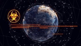 Global data network being displayed on Earth globe, highlighting biohazard alert with glowing bars. Cybersecurity, digital, futuristic, warning, technology, interface, innovation - Powered by Shutterstock - Get 15% off with code: PIKWIZARD15