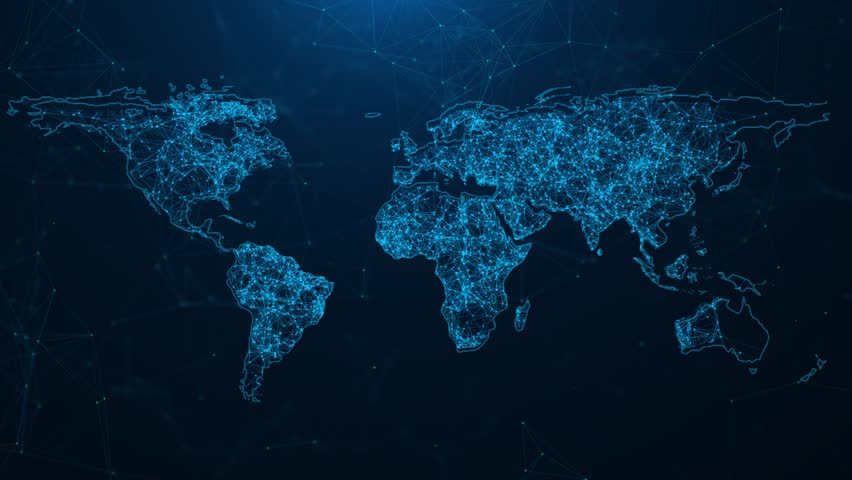 Digital hologram planet Earth wireless intercontinental Technology, internet, business planet earth futuristic high-tech particles background. breaking news Studio Global network connection 3D 4K