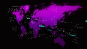 Purple world map silhouette overlaying algebraic equations and neon numbers in dark virtual display. Digital art, data visualization, futuristic, abstract, neon, technology, innovation - Powered by Shutterstock - Get 15% off with code: PIKWIZARD15