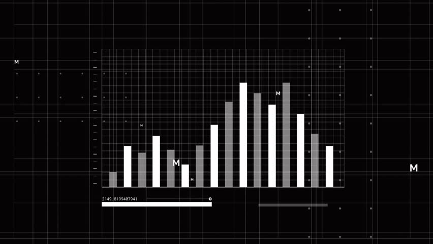 Vertical bar chart presenting data on chalkboard dashboard, displaying slider, grid, red formulas. Analytics, data visualization, infographics, educational, modern, interface, technical