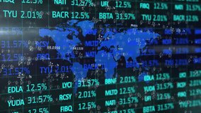 Blue world map silhouette glowing over dark grid, with neon stock tickers and equations streaming. Technology, data visualization, futuristic, analytics, finance, digital, innovation - Powered by Shutterstock - Get 15% off with code: PIKWIZARD15