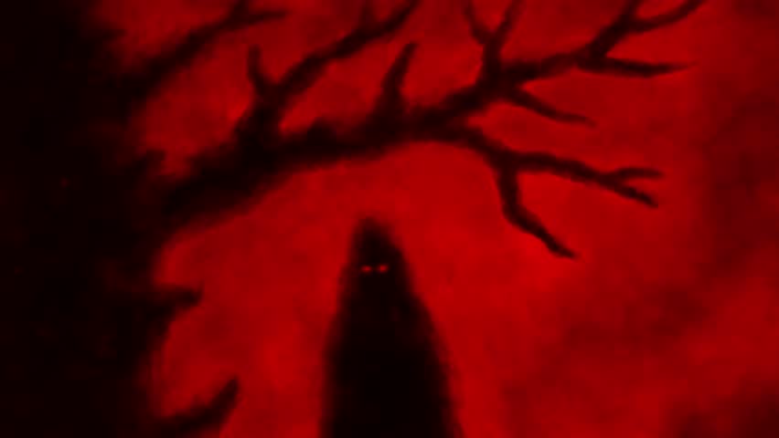 Horrible crooked tree with crooked branches. Abstract Vj looped 2D animation in horror fantasy genre. Black and red background.