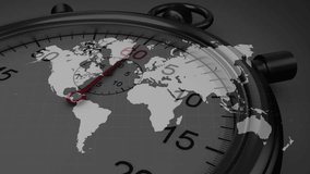 Stopwatch dial being overlaid with blue global map showing numeric graduations and red second hand. Time, precision, technology, innovation, digital, futuristic, corporate - Powered by Shutterstock - Get 15% off with code: PIKWIZARD15