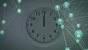 Analog clock occupying center showing white mesh linking turquoise medical icons in digital UI. Technology, innovation, connectivity, healthcare, data visualization, digital interface, precision - Powered by Shutterstock - Get 15% off with code: PIKWIZARD15