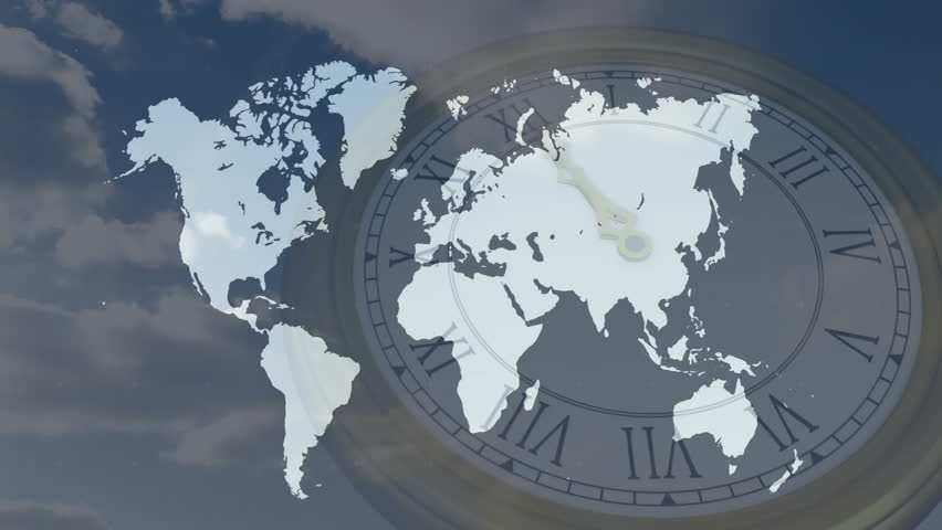 Flat design world map being shown on Roman numeral clock face, connecting red location markers. Geography, connectivity, navigation, global, timezones, data visualization, enterprise