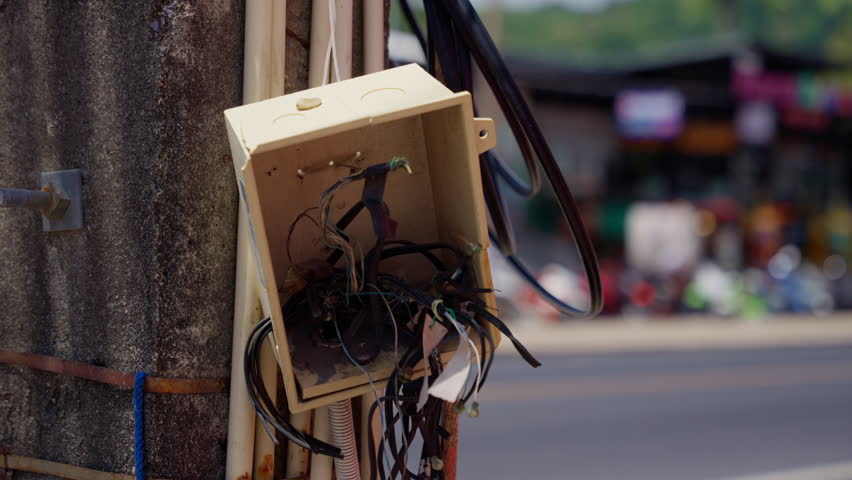 Damaged electrical junction box revealing exposed wiring, creating safety risk along busy street in thailand, pedestrians and vehicles moving past in blurred background