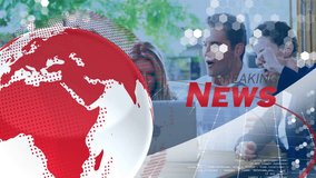 Colleagues gathering around laptop, globe graphic spinning, hexagon overlay driving tech news. Global, collaboration, innovation, digital, communication, professional, networking - Powered by Shutterstock - Get 15% off with code: PIKWIZARD15