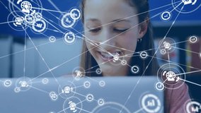 Female and male teenagers collaborating, viewing floating network icons lines and charts for tech. Technology, innovation, education, teamwork, modern, youth, digital - Powered by Shutterstock - Get 15% off with code: PIKWIZARD15