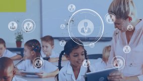 schoolgirl holding tablet in classroom, teacher guiding students with interactive learning graphics. Education, technology, digital, learning, classroom, school, youth - Powered by Shutterstock - Get 15% off with code: PIKWIZARD15