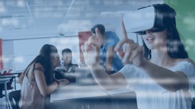 Teenage girl wearing VR headset making hand gestures in education lab, with animated laptop charts. Technology, collaboration, education, innovation, classroom, teamwork, futuristic - Powered by Shutterstock - Get 15% off with code: PIKWIZARD15