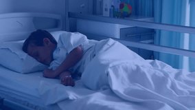 Male child sleeping and female child sitting up in pediatric ward, overlaying digital data panels. Hospital, pediatric, healthcare, children, technology, digital, medical - Powered by Shutterstock - Get 15% off with code: PIKWIZARD15