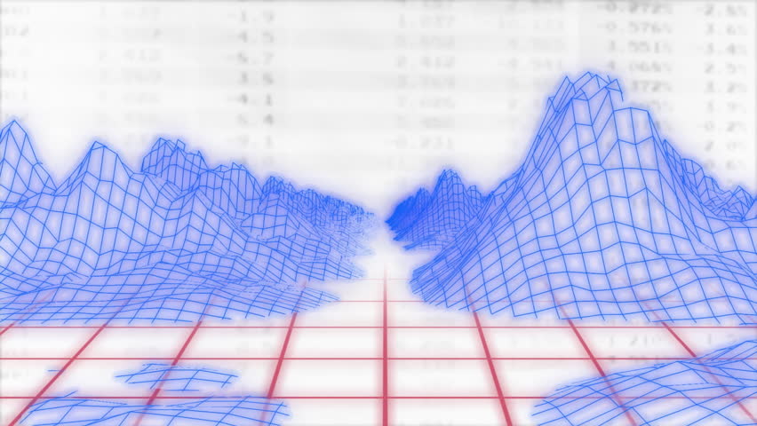 3D wireframe mesh mountains rising over red wire grid, displaying numeric data in blurred backdrop. Futuristic, digital art, abstract, data visualization, technology, minimalist, geometric