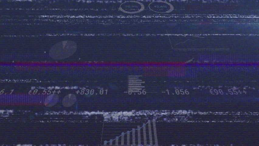 Glitchy digital interface flickering static lines and chart shapes showing circular progress bars. Technology, data visualization, digital art, cybernetic, futuristic, abstract, dashboard