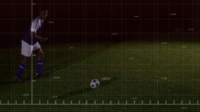 male soccer player running on grass pitch at night, displaying tech grid and red analytics graph. Athletic, sports, digital, technology, data, outdoor, exercise - Powered by Shutterstock - Get 15% off with code: PIKWIZARD15