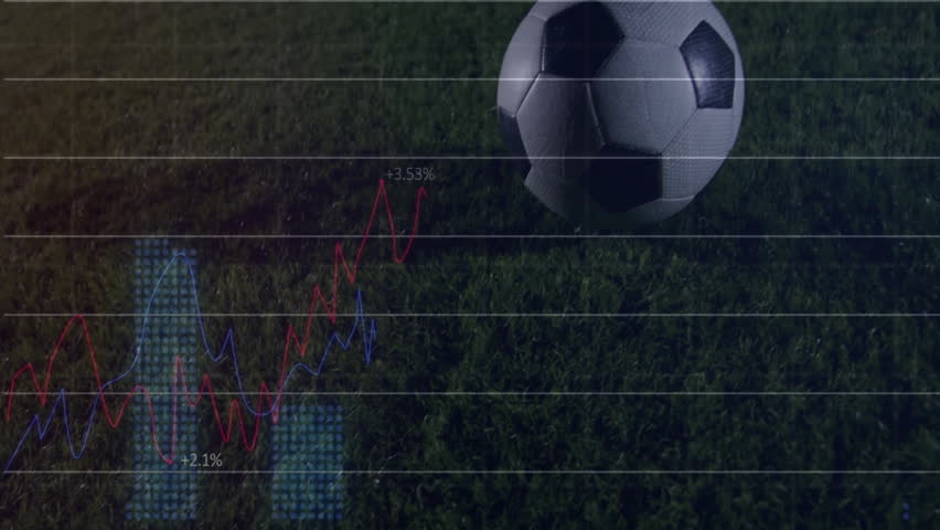 soccer ball resting on grass, displaying sports analytics with red blue line graphs and dotted bars. Athletic, innovation, technological, data, analysis, modern, dynamic - Powered by Shutterstock - Get 15% off with code: PIKWIZARD15