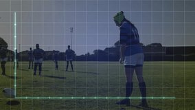 female rugby team lining up on grass, helmeted player kicking rugby ball with performance overlay. Athletics, teamwork, competitive, outdoor, vibrant, energetic, sportsmanship - Powered by Shutterstock - Get 15% off with code: PIKWIZARD15