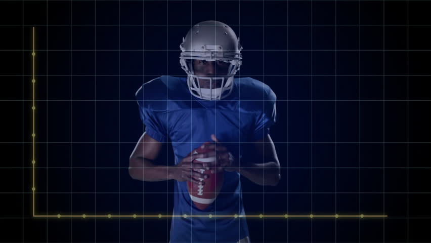 Football player holding ball in studio, featuring sports analytics bar chart and jagged line chart. Athlete, performance, data visualization, sports technology, teamwork, competitive, dynamic - Powered by Shutterstock - Get 15% off with code: PIKWIZARD15