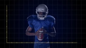 Football player holding ball in studio, featuring sports analytics bar chart and jagged line chart. Athlete, performance, data visualization, sports technology, teamwork, competitive, dynamic - Powered by Shutterstock - Get 15% off with code: PIKWIZARD15