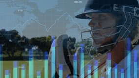 Cricket player holding helmet strap on cricket ground, displaying map grid showing analytics charts. Athlete, sports, technology, analytics, training, performance, outdoor - Powered by Shutterstock - Get 15% off with code: PIKWIZARD15
