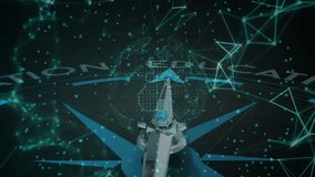 Metallic compass needle pointing upward in abstract tech scene, with globe overlay and data nodes. Technology, innovation, digital, network, navigation, futuristic, data - Powered by Shutterstock - Get 15% off with code: PIKWIZARD15