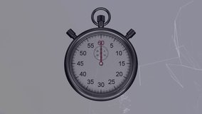 Analog stopwatch spinning in digital environment, with floating wireframe clouds and network nodes. Precision, technology, futurism, engineering, data, innovation, minimalism - Powered by Shutterstock - Get 15% off with code: PIKWIZARD15