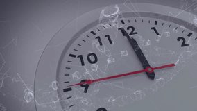 Analog clock showing 9 to 2, black hands with red second hand sweeping over digital network. Time, precision, technology, innovation, connectivity, futurism, measurement - Powered by Shutterstock - Get 15% off with code: PIKWIZARD15