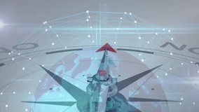 3D render metallic compass rose rotating over network nodes grid while red arrow tip pointing Yes. Navigation, technology, connectivity, innovation, digital, futuristic, decision-making - Powered by Shutterstock - Get 15% off with code: PIKWIZARD15