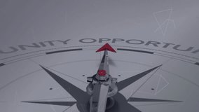 Metallic compass needle pointing toward OPPORTUNITY label, showing 3D render dial with data grid. Navigation, innovation, progress, technology, analytics, exploration, leadership - Powered by Shutterstock - Get 15% off with code: PIKWIZARD15