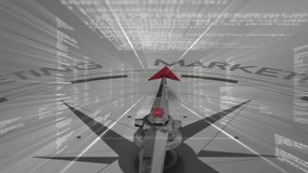 Metallic compass dial rotating toward red MARKETING, code streams and light beams converging center. Navigation, strategy, innovation, technology, digital, analytics, growth - Powered by Shutterstock - Get 15% off with code: PIKWIZARD15