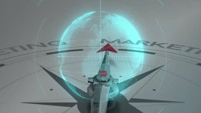 Metallic compass rose being animated in flat design, floating digital globe and red arrow pointer. Navigation, strategy, technology, innovation, data visualization, branding, abstract - Powered by Shutterstock - Get 15% off with code: PIKWIZARD15