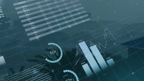 Financial data visualizations floating over city skyline, showing world map, pie charts, bar chart. Data analytics, financial graphs, urban landscape, modern design, visualization, business - Powered by Shutterstock - Get 15% off with code: PIKWIZARD15