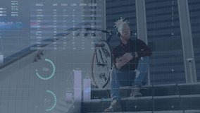 man tapping smartphone on concrete steps, viewing finance charts and world map overlays. Urban, technology, modern, analysis, professional, vibrant, data - Powered by Shutterstock - Get 15% off with code: PIKWIZARD15