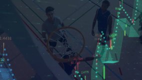 Male athletes performing dunk on court, overlaying finance candlestick bars and world map data. Sports, fitness, competition, endurance, agility, analytics, visualization - Powered by Shutterstock - Get 15% off with code: PIKWIZARD15