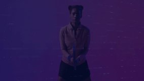 Female athlete holding paddle against purple backdrop, showcasing floating sports analytics charts. Digital, analytics, visualization, athlete, technology, fitness, performance - Powered by Shutterstock - Get 15% off with code: PIKWIZARD15