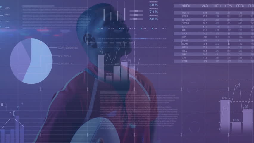 man analyzing data in technology interface, with animated world map, bar graphs, circular charts. Futuristic, data, visualization, outdoor, technology, analytics, interface - Powered by Shutterstock - Get 15% off with code: PIKWIZARD15