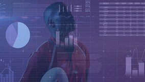 man analyzing data in technology interface, with animated world map, bar graphs, circular charts. Futuristic, data, visualization, outdoor, technology, analytics, interface - Powered by Shutterstock - Get 15% off with code: PIKWIZARD15