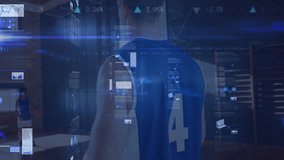 Male athletes practicing on basketball court using sports technology with holographic data charts. Athletes, sports, innovation, digital, training, teamwork, performance - Powered by Shutterstock - Get 15% off with code: PIKWIZARD15