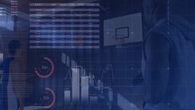Two men lifting weights in gym, displaying animated fitness data with world map and charts. Trainer, endurance, analytics, data visualization, strength, technology, inspiration - Powered by Shutterstock - Get 15% off with code: PIKWIZARD15