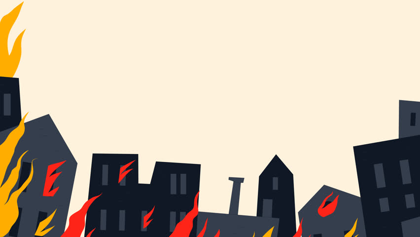 A stylised flat animation of a city engulfed in flames, with a jet flying above and buildings collapsing in smoke.